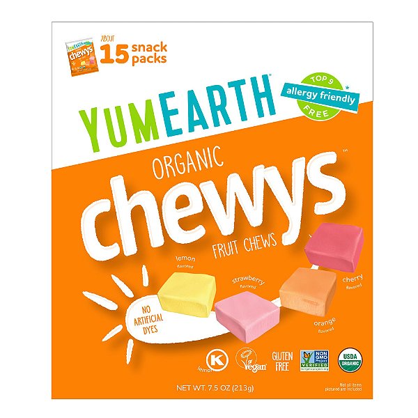 Chewys Orgânicos Balas Mastigáveis 15 Pacotes 14 g Cada - YumEarth