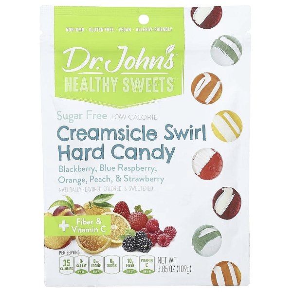 Bala Dura Sabor Creamsicle Amora Framboesa Azul Laranja Pêssego e Morango Sem Açúcar 109 g - Dr. John's Healthy Sweets