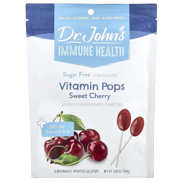 Saúde Imunológica Pirulitos de Vitaminas Cereja Doce 14 Pirulitos Embalados Individualmente 109 g - Dr. John's Healthy Sweets