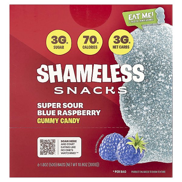 Gomas Framboesa Azul SuperAzeda 6 Saquinhos 50 g Cada - Shameless Snacks