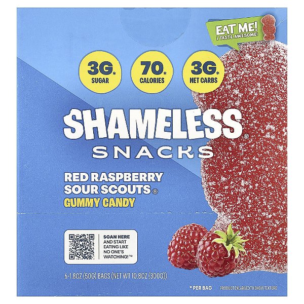 Gomas Framboesa Vermelha e Sour Scouts 6 Sacos 50 g Cada - Shameless Snacks