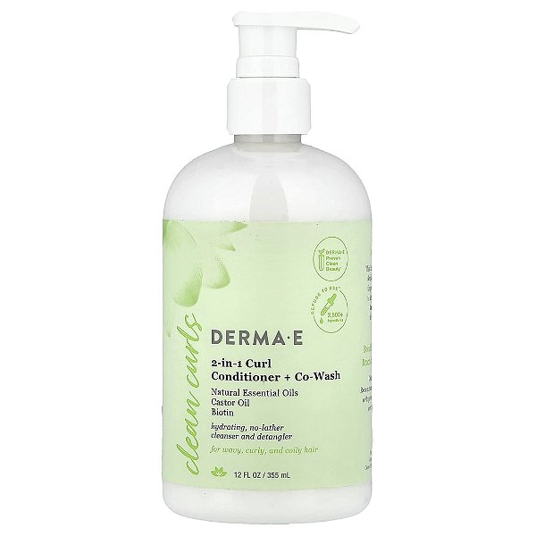 Clean Curls Condicionador 2 em 1 para Cachos + Co-Wash Para Cabelos Ondulados Cacheados e Crespos 355 ml - DERMA E