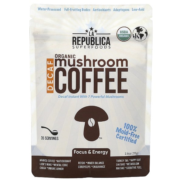 Café de Cogumelos Orgânicos Instantâneo Descafeinado com 7 Cogumelos 70 g - LA Republica