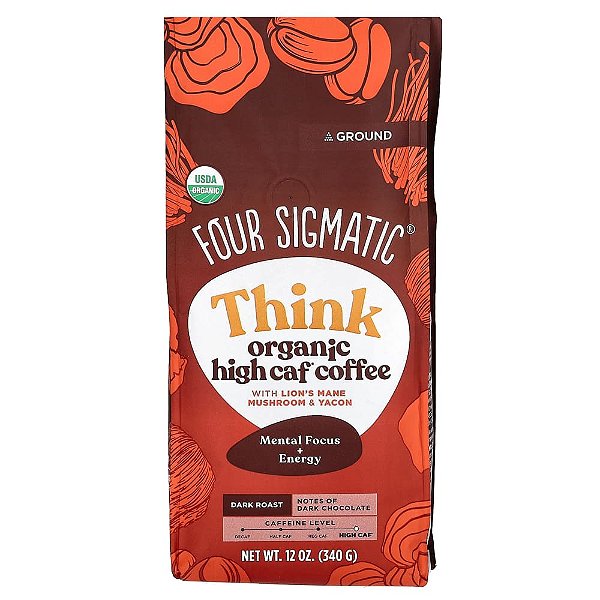 Think Café Orgânico com Alto Teor de Cafeína com Cogumelo Juba-de-Leão e Yacon Moído Torra Escura 340 g - Four Sigmatic