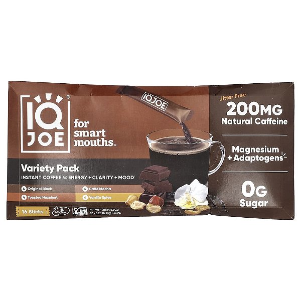 IQJOE Café Instantâneo para Energia + Clareza + Humor Embalagem Variada 16 Sachês 8 g Cada - IQBAR