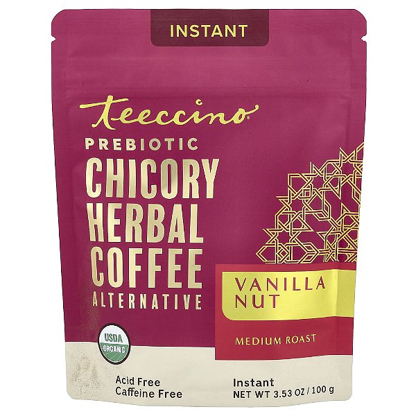 Alternativa ao Café Instantâneo com Ervas Instantâneas de Chicória Prebiótica Frutos Secos e Baunilha Torra Média Sem Cafeína 100 g - Teeccino