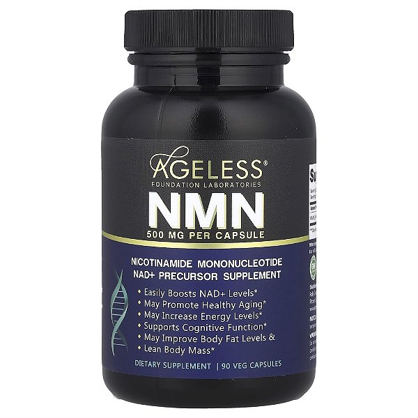 Suplemento NMN Nicotinamida Mononucleotídeo 500 mg 90 Cápsulas Vegetais - Ageless Foundation Laboratories