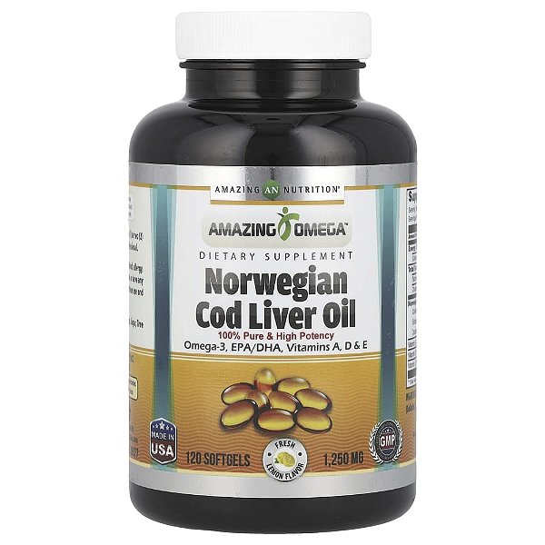 Suplemento de Óleo de Fígado de Bacalhau Norueguês Sabor Limão 1250 mg 120 Cápsulas Softgel - Amazing Nutrition