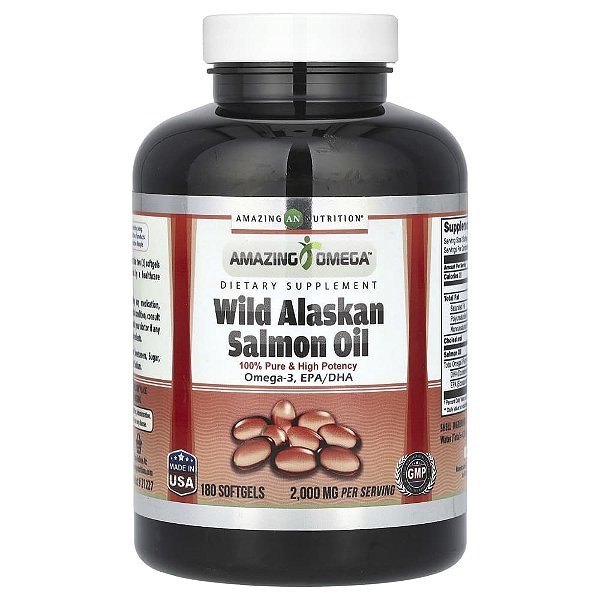 Suplemento de Óleo de Salmão Selvagem do Alasca 1000 mg 180 Cápsulas Softgel - Amazing Nutrition
