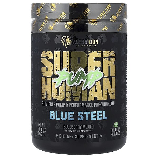 Pré-Treino Sem Cafeína SuperHuman Pump Sabor Mojito de Mirtilo Blue Steel 373 g - ALPHA LION