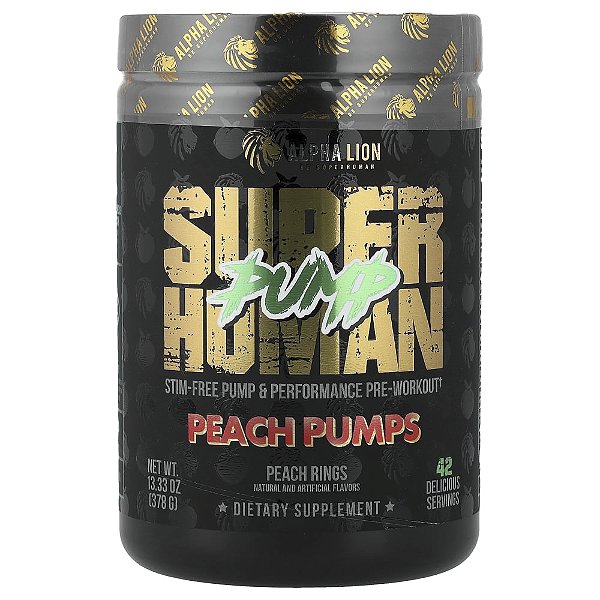 Pré-Treino Sem Cafeína SuperHuman Pump Sabor Anéis de Pêssego Peach Pumps 378 g - ALPHA LION