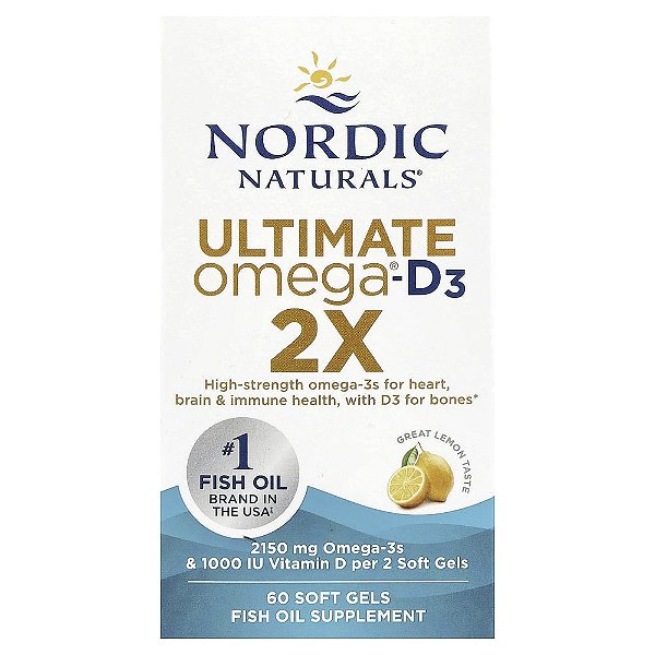 Nordic Naturals - Suplemento de Ômega-3 com Vitamina D3 Ultimate Omega 2X Limão 60 Softgels