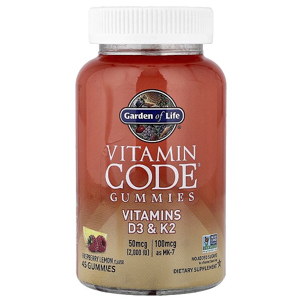 Garden of Life - Suplemento de Vitamina D3 e K2 em Gomas Vitamin Code Framboesa e Limão 45 Gomas