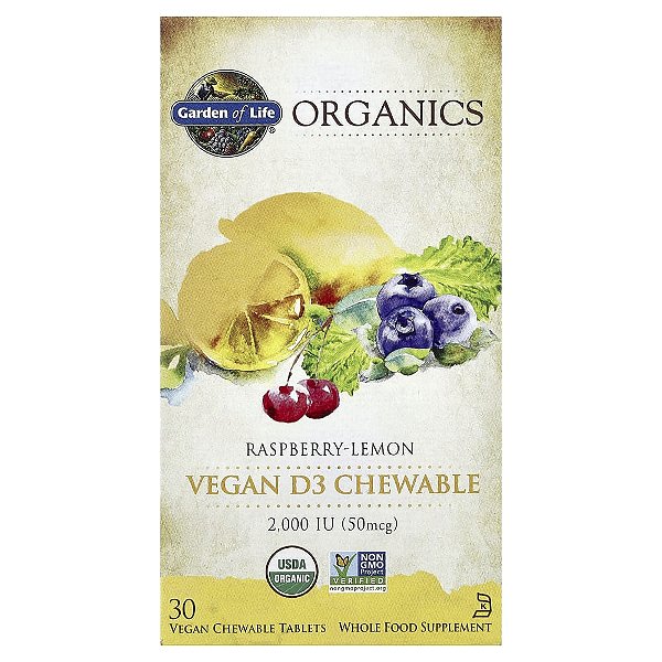 Garden of Life - Suplemento de Vitamina D3 Vegana em Mastigáveis mykind Organics Framboesa e Limão 30 Comprimidos