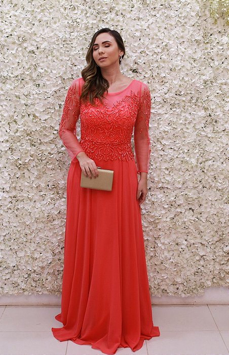 VESTIDO CORAL COM BUSTO E MANGAS BORDADOS SAIA FLUÍDA