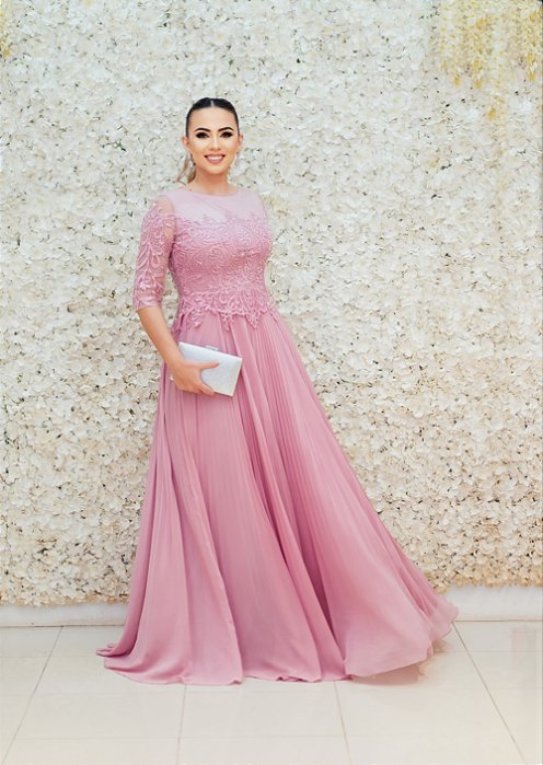 VESTIDO ROSA CHÁ MANGAS COMPRIDAS E SAIA PLISSADA