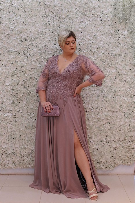 VESTIDO LAVANDA MAUVE BUSTO BORDADO EM RENDA MANGAS 3/4