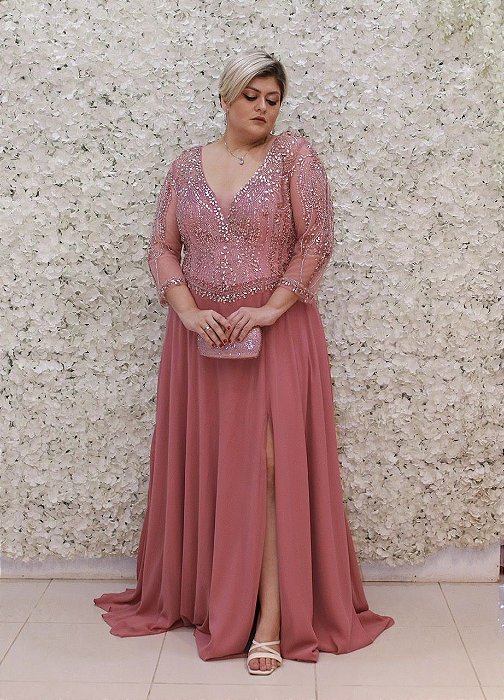 VESTIDO ROSE MANGA COMPRIDA BUSTO BORDADO COM CORTE NA CINTURA E SAIA FLUIDA
