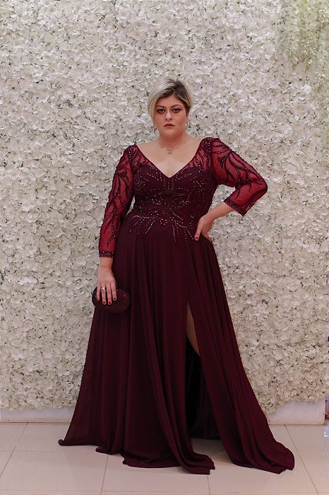 VESTIDO UVA ROXO BUSTO BORDADO SAIA FLUÍDA MANGAS COMPRIDAS