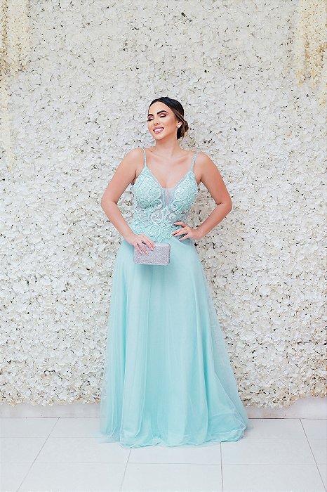 VESTIDO VERDE MINT DECOTE BORDADO SAIA EVASÊ