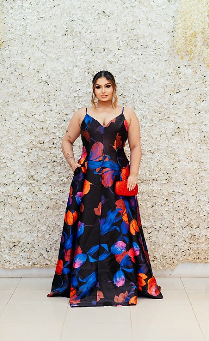 VESTIDO LONGO ZIBELINE PRETO COM ESTAMPA FLORAL VERMELHAS CORAIS E AZUIS