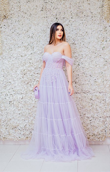 VESTIDO LIA RABELLO LAVANDA EM TULE OMBRO A OMBRO COM BUSTO BORDADO
