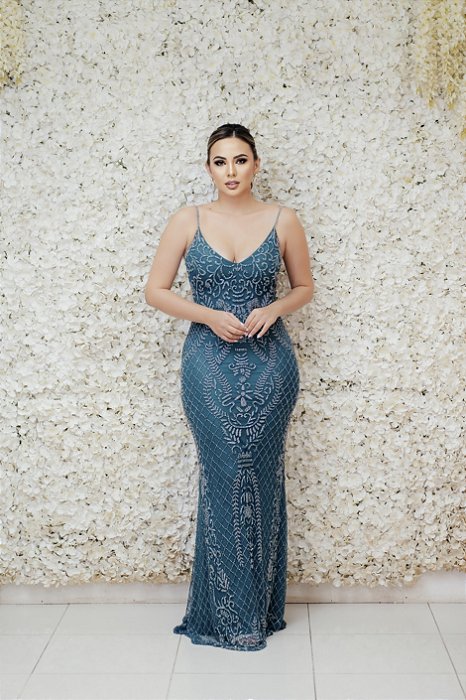 VESTIDO LONGO NY VERDE ALÇA FINA TODO BORDADO