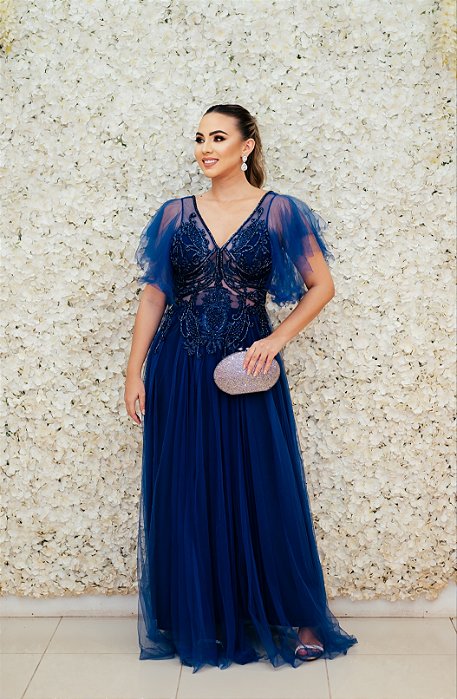 VESTIDO BALANCE AZUL MARINHO COM MANGA EM TULE FLARE E BUSTO BORDADO