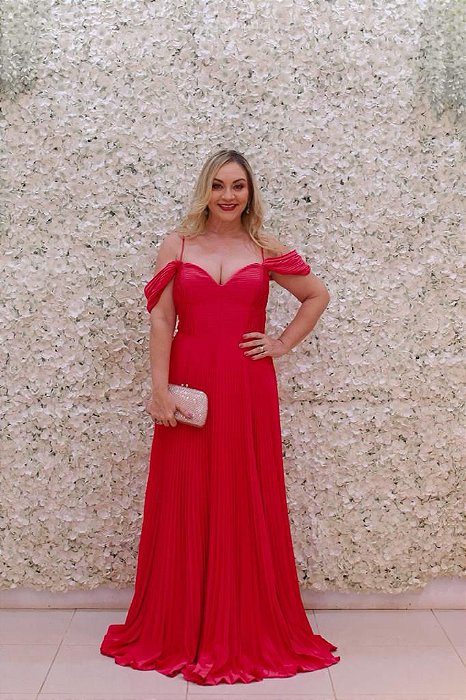 VESTIDO LONGO PINK PITAYA OMBRO A OMBRO COM BUSTO E SAIA PLISSADO