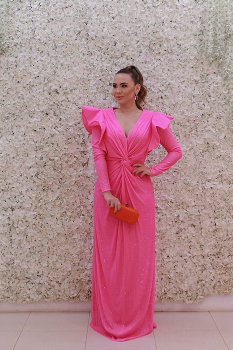 VESTIDO LONGO EM PAETÊ PINK MANGA LONGA E BABADO FATIMA SCOFIELD