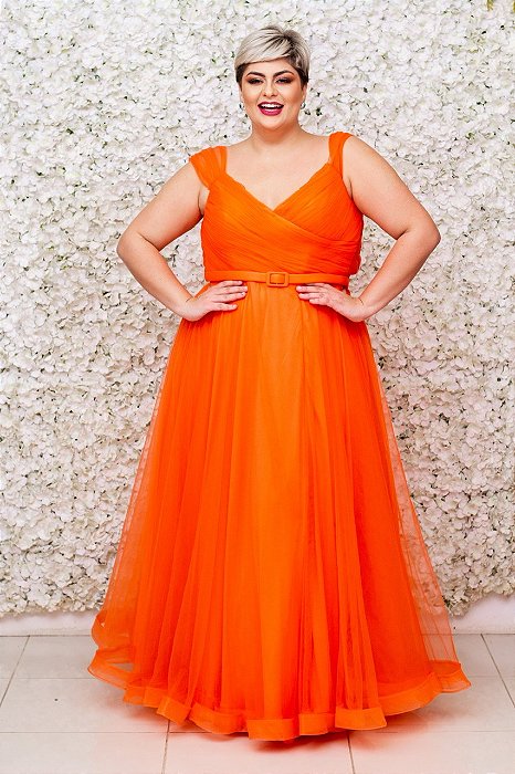 VESTIDO CORAL EM TULE COM CINTO BUSTO DRAPEADO