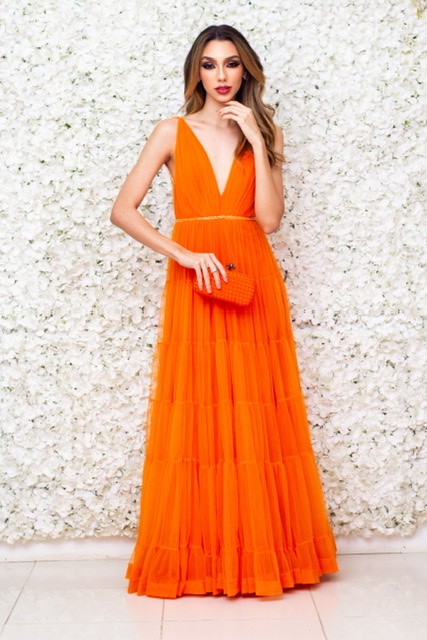 VESTIDO CORAL DECOTE PROFUNDO TULE TIRAS BORDADAS