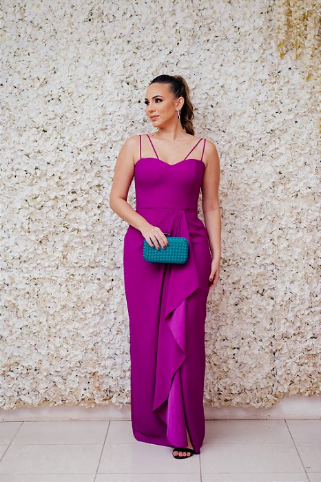 VESTIDO ARBOUR ROXO ALCINHA FINA E DETALHE DE FOLHO CAIDO