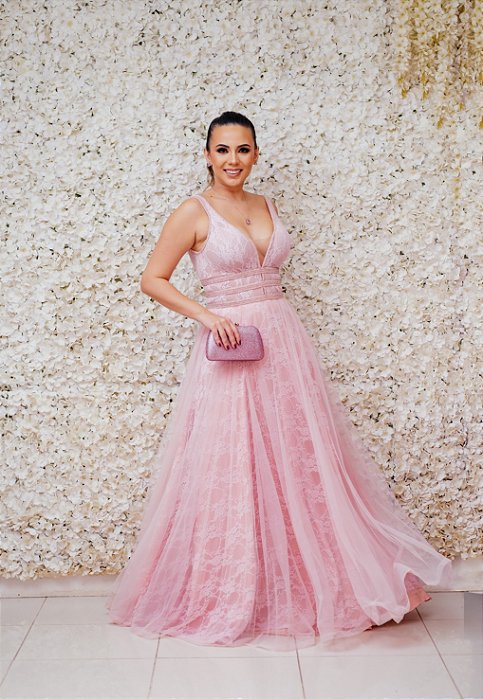 VESTIDO MARIE ROSA CLARO TIRAS BORDADAS COM CAMADA DE RENDA