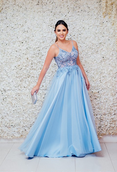 VESTIDO MARIE AZUL BEBÊ ALÇA FINA EM TULE E ZIBELINE BUSTO BRODADO EM CHUMBO