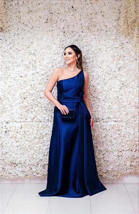 VESTIDO EM ZIBELINE AZUL MARINHO OMBRO UNICO COM DETALHE NA CINTURA