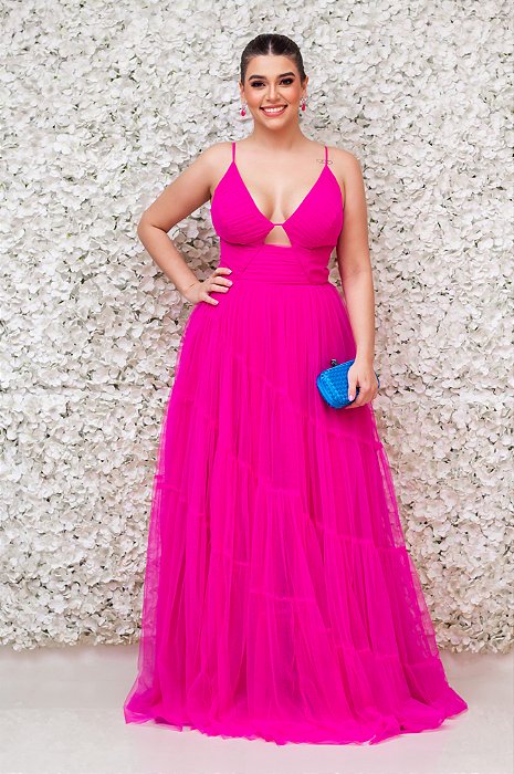 VESTIDO PINK EM TULE ALÇA FINA E DETALHE DRAPEADO NO BUSTO COM RECORTE