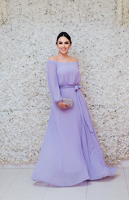 VESTIDO LAVANDA PLISSADO OMBRO A OMBRO DE MANGAS COMPRIDAS