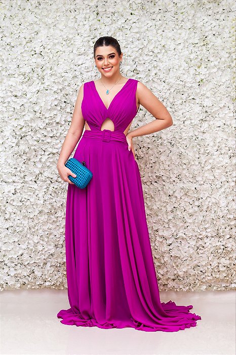 VESTIDO LONGO ROXO CHIFFON RECORTE FRONTAL COSTA AMARRAÇÃO