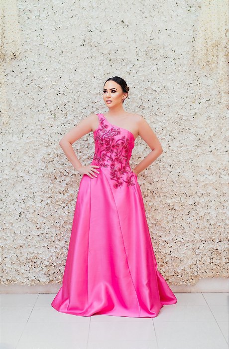 VESTIDO LONGO PINK EM ZINBELINE OMBR UNICO BUSTO BORDADO