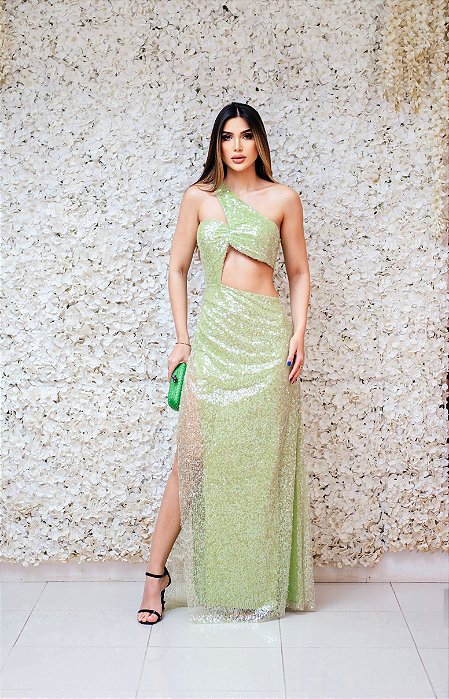 VESTIDO LONGO VERDE LIMA PAETÊ OMBRO UNICO COM RECORTE FRENTE E COSTAS