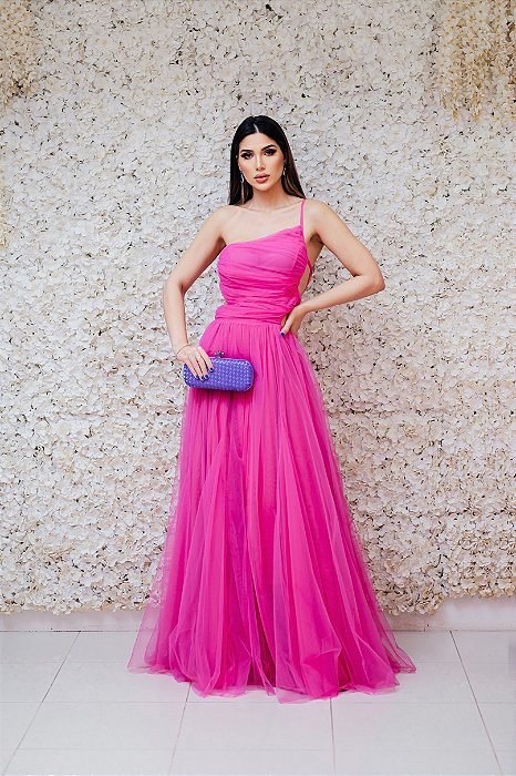 VESTIDO PINK EM TULE BUSTO DRAPEADO OMBRO UNICO RECORTE LATERAL SAIA PRINCESA