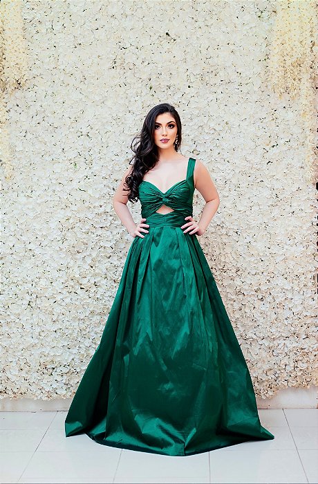 VESTIDO VERDE ESMERALDA EM TAFAETA BUSTO DRAPEADO COM RECORTE