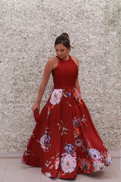 VESTIDO MARSALA COM SAIA ESTAMPADA FLORAL ZIBELINE SEM DECOTE