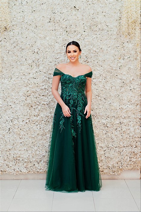 VESTIDO VERDE OMBRO A OMBRO EM TULE COM APLICAÇÕES DE FLORES