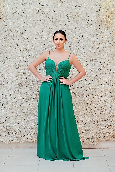 VESTIDO VERDE ALÇA FINA BUSTO DRAPEADO COM DECOTE V E SAIA FLUÍDA