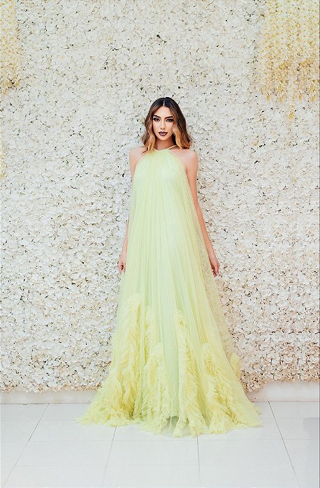 VESTIDO REAGATA AMARELO TULE SAIA FOLHOS CAÍDOS