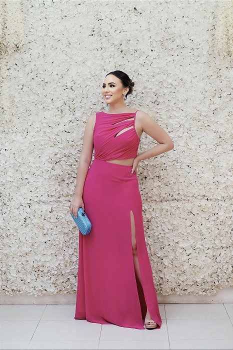 VESTIDO FLUIDO PINK COM FENDA OMBRO UNICO COM RECORTES NO BUSTO E NA CINTURA