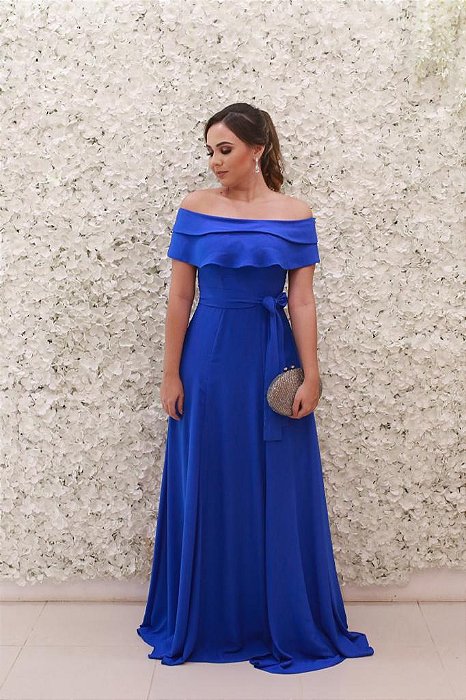 VESTIDO AZUL ROYAL FLUÍDO OMBRO A OMBRO FOLHO DUPLO