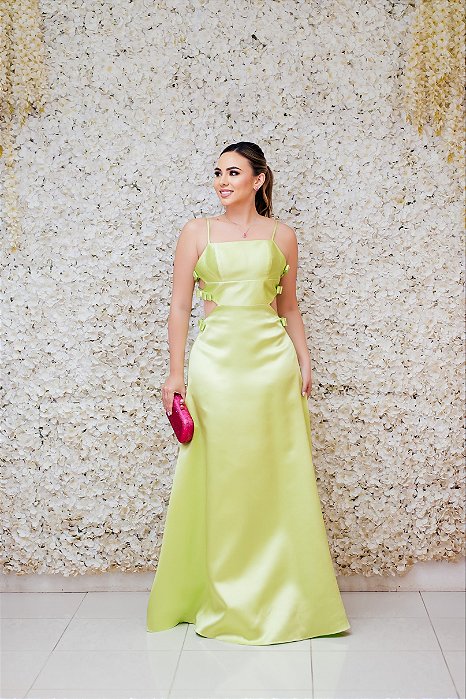 VESTIDO VERDE LIMA ZIBELINE ALÇA FINA COM RECORTE E LAÇOS NA LATERAL